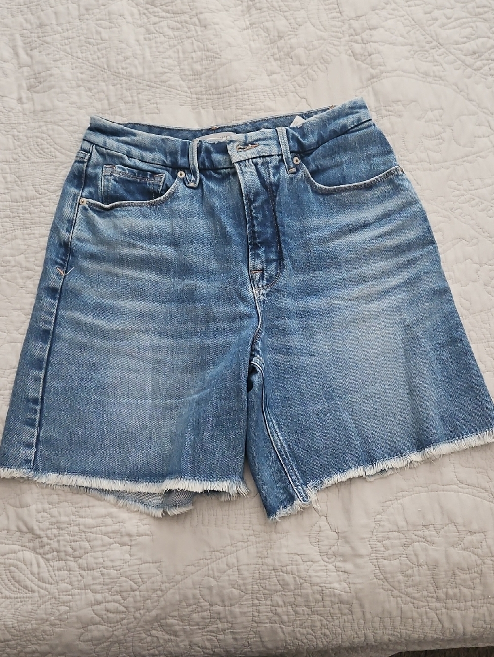 Good American Light Blue Denim Shorts with Frayed Hem
